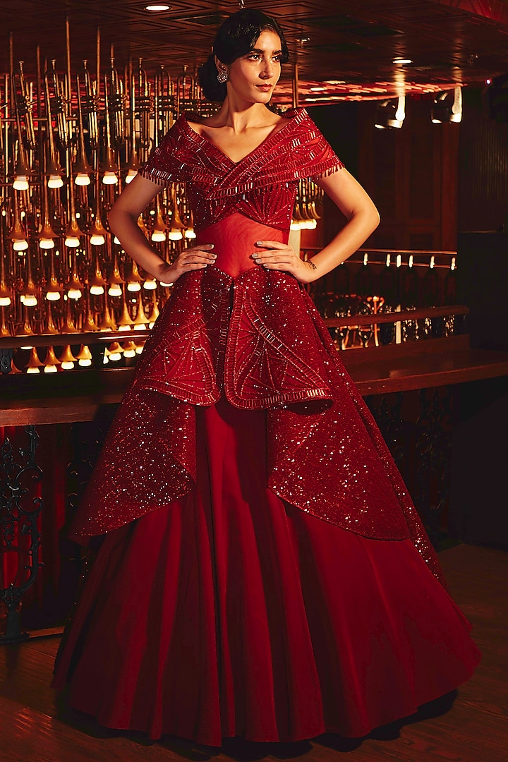 Dark Red Embroidered Peplum Draped Gown by Kamaali Couture