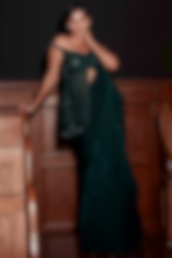 Bottle Green Ruffled Draped Saree Set by Kamaali Couture