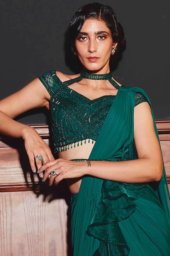 Evergreen Ruffled Draped Wedding Saree Set by Kamaali Couture at Pernia's Pop Up Shop