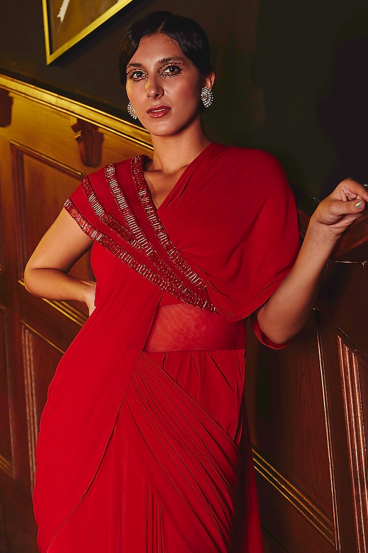 Deep Red Embroidered Draped Wedding Saree Set by Kamaali Couture at Pernia's Pop Up Shop