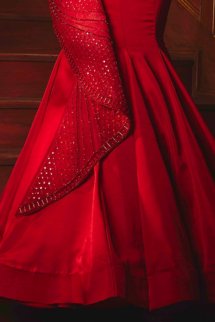 Burnt Red Embroidered Peplum Wedding Gown by Kamaali Couture at Pernia's Pop Up Shop