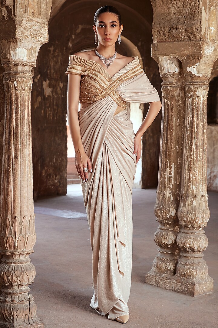 Champagne Gold Shimmer & Glass Organza Pearl Embellished Draped Gown Saree by Kamaali Couture