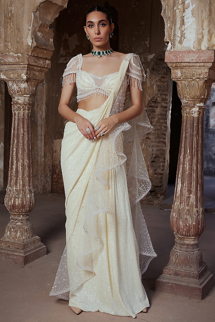 Ivory Tulle & Sequins Pearl Embroidered Pre-Stitched Saree Set by Kamaali Couture