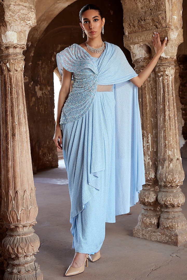 Baby Blue Tulle & Sequins Pearl Embroidered Pre-Stitched Gown Saree by Kamaali Couture