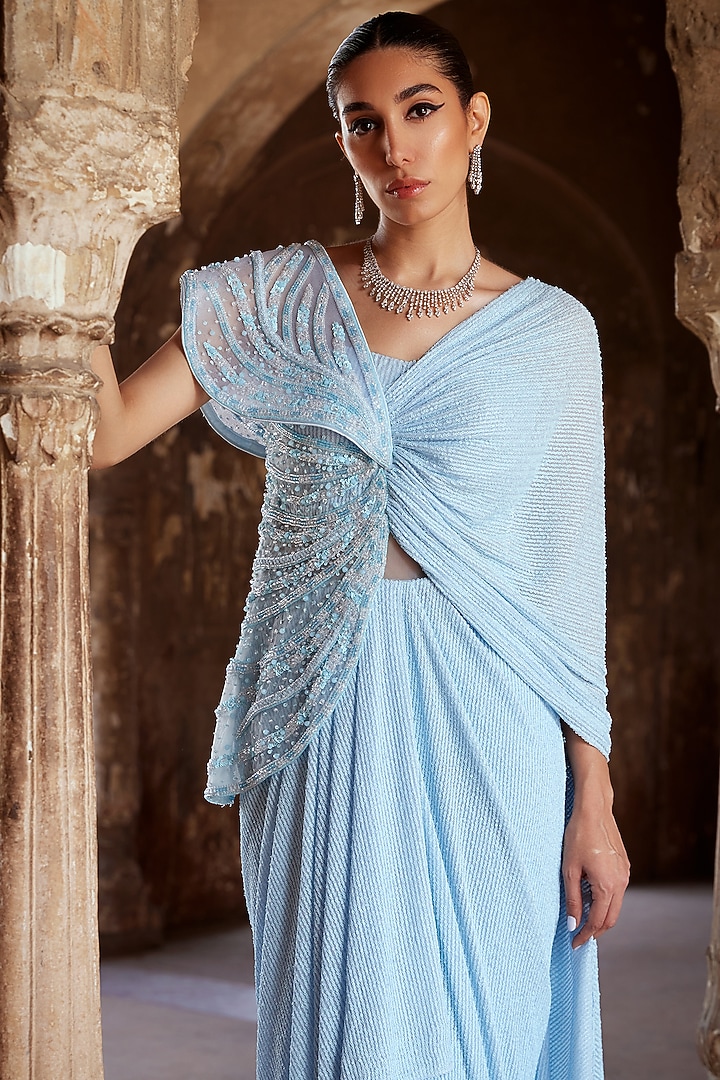 Baby Blue Tulle & Sequins Pearl Embroidered Pre-Stitched Reception Gown Saree by Kamaali Couture at Pernia's Pop Up Shop