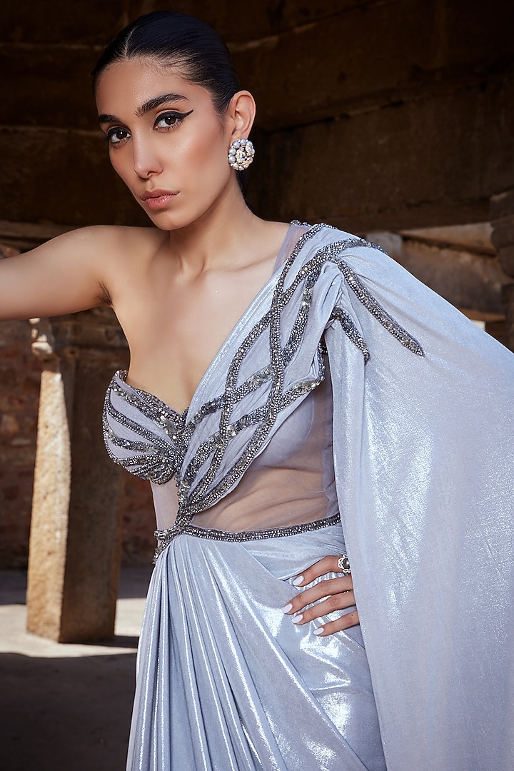 Ash Grey Shimmer & Tulle Embellishment Concept Pleated Wedding Gown Saree by Kamaali Couture at Pernia's Pop Up Shop