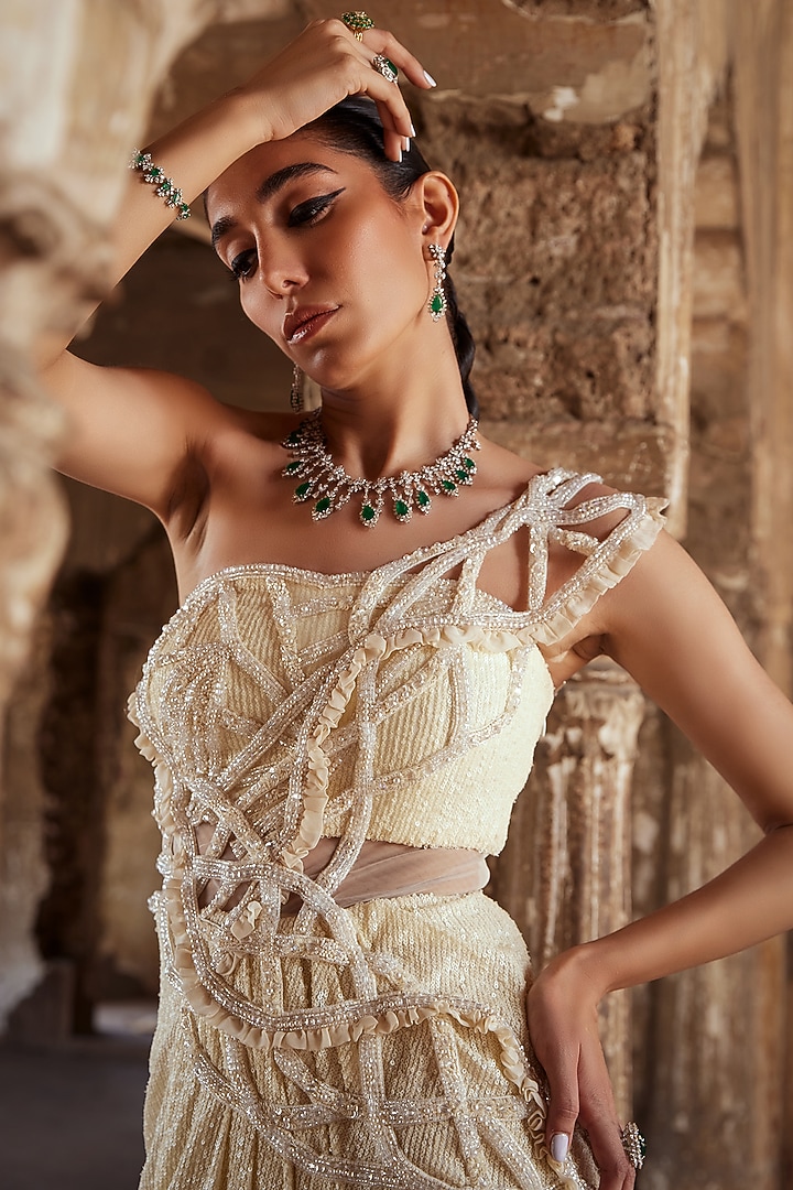 Ivory Sequins & Tulle Pearl Embellishment Concept Reception Gown Saree by Kamaali Couture at Pernia's Pop Up Shop