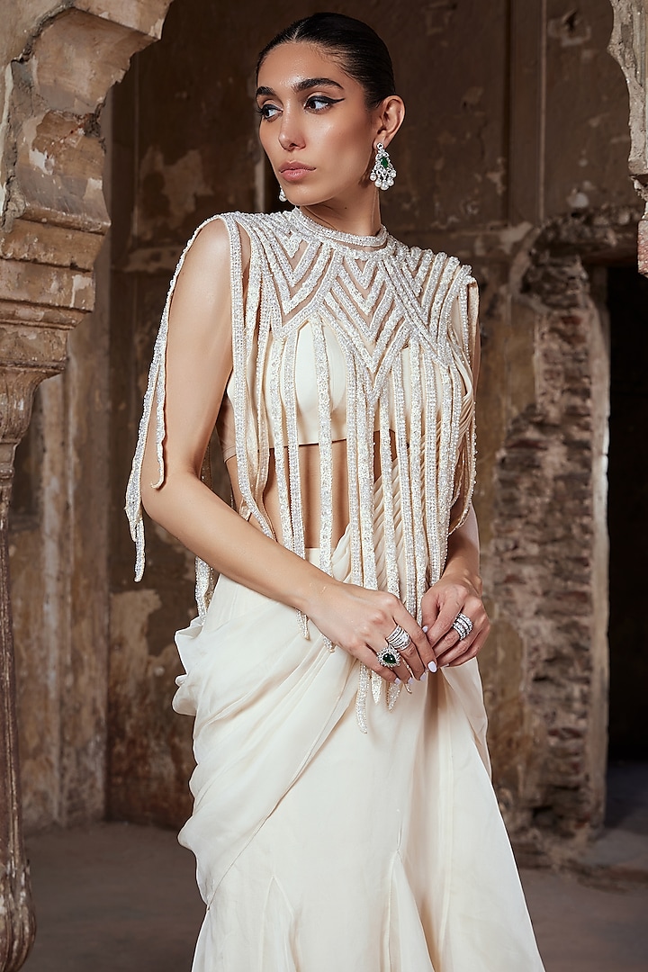 White Pearl Embellished Sari Set With Cape