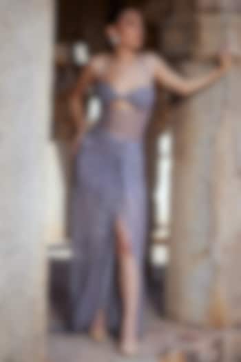 Ash Grey Sequins Draped Gown by Kamaali Couture