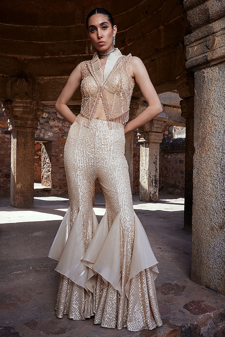 Champagne Gold Tulle & Sequins Hand Embellished Sharara Set by Kamaali Couture