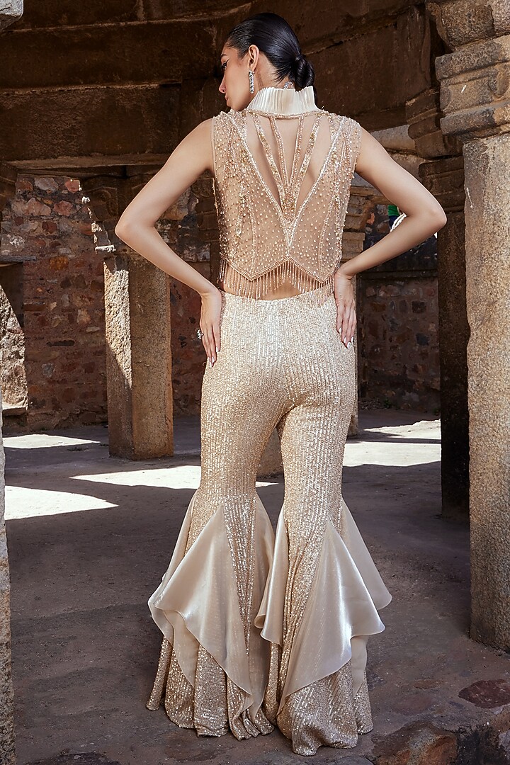 Champagne Gold Tulle & Sequins Hand Embellished Bridal Sharara Set by Kamaali Couture at Pernia's Pop Up Shop