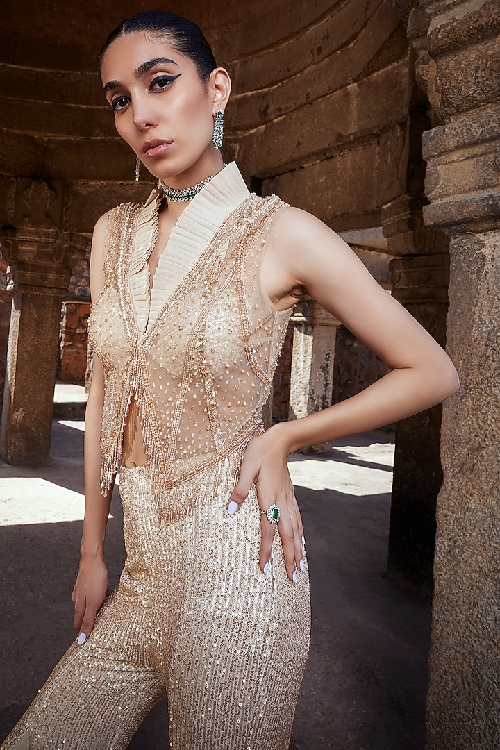 Champagne Gold Tulle & Sequins Hand Embellished Bridal Sharara Set by Kamaali Couture at Pernia's Pop Up Shop