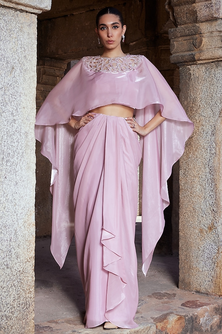 Rose Pink Organza Pearl Embellished Draped Skirt Set by Kamaali Couture