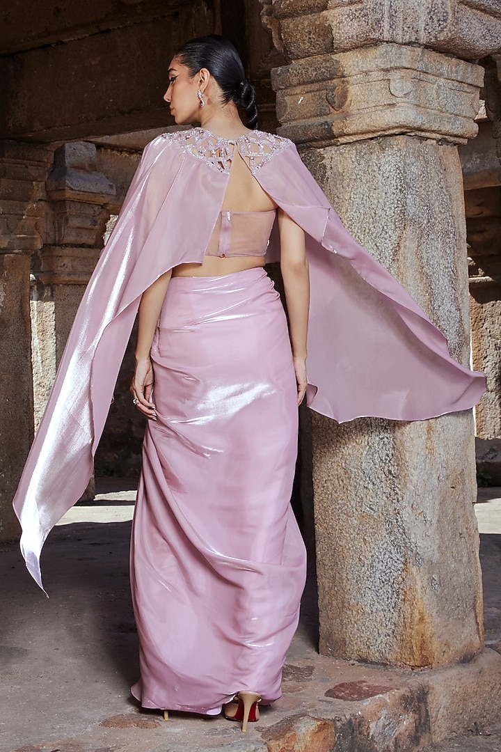 Rose Pink Organza Pearl Embellished Draped Skirt Set by Kamaali Couture at Pernia's Pop Up Shop
