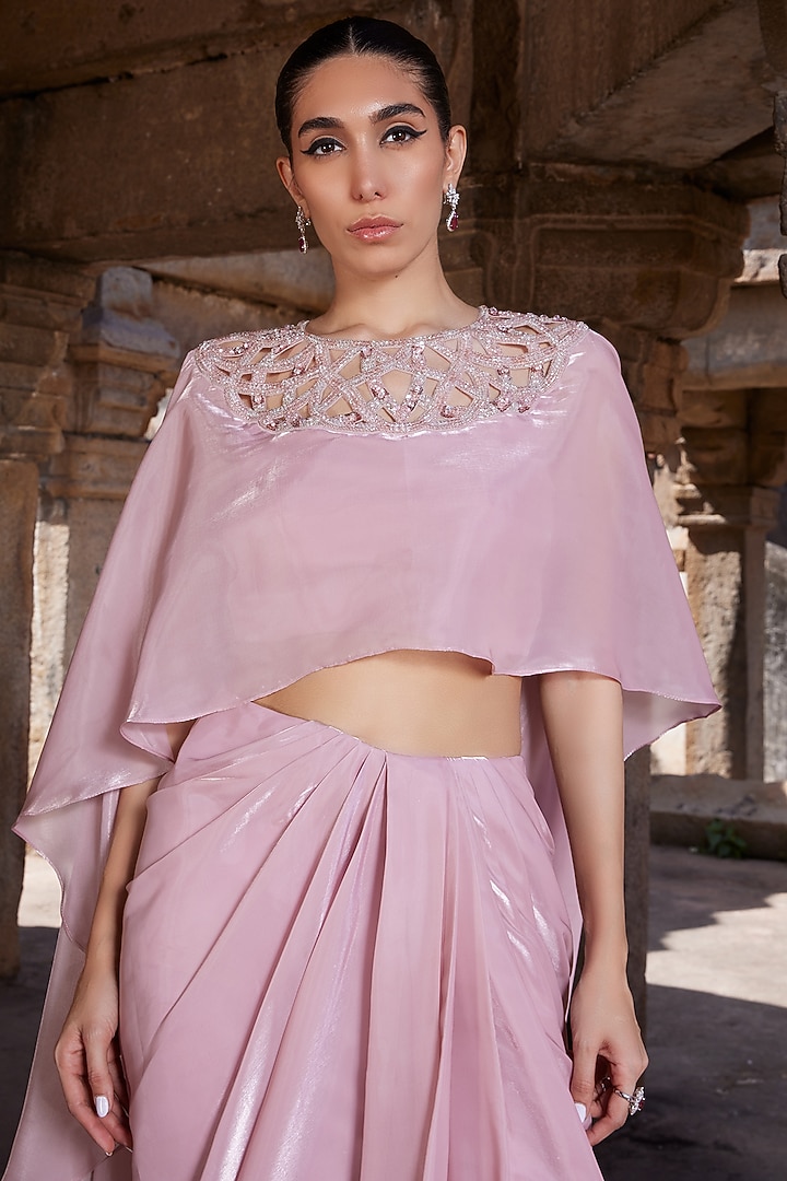 Rose Pink Organza Pearl Embellished Draped Skirt Set by Kamaali Couture at Pernia's Pop Up Shop