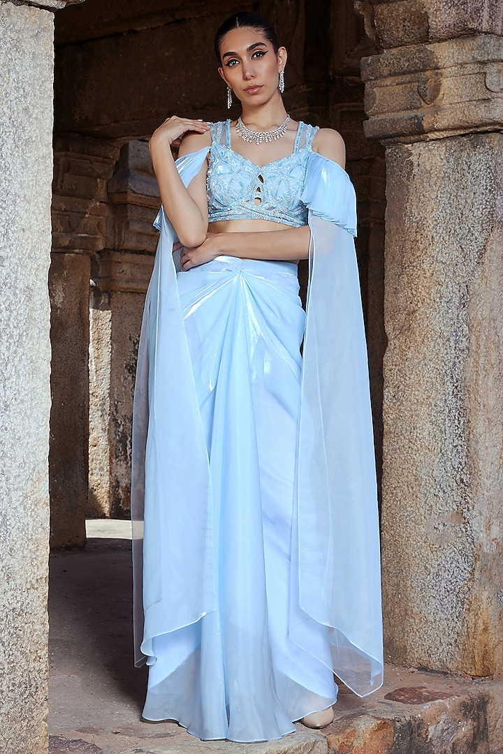 Powder Blue Tulle & Glass Organza Draped Skirt Set by Kamaali Couture