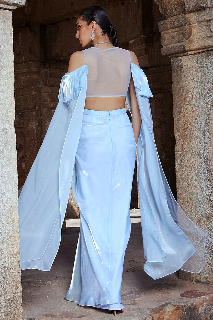 Powder Blue Tulle & Glass Organza Draped Skirt Set by Kamaali Couture at Pernia's Pop Up Shop