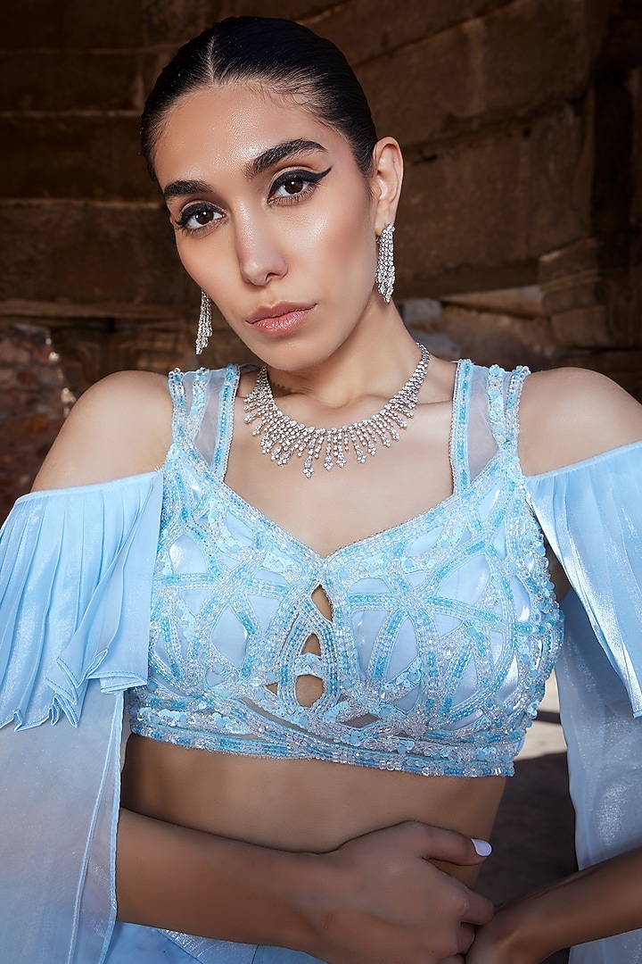 Powder Blue Tulle & Glass Organza Draped Skirt Set by Kamaali Couture at Pernia's Pop Up Shop
