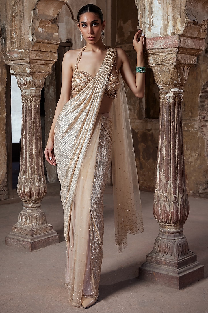 Champagne Gold Tulle & Sequins Pearl Embroidered Draped Saree Set by Kamaali Couture