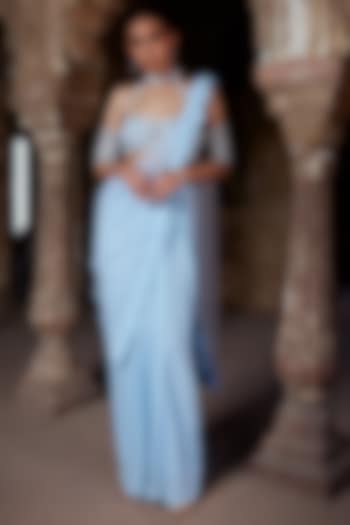Powder Blue Tulle & Sequins Pearl Embroidered Draped Saree Set by Kamaali Couture