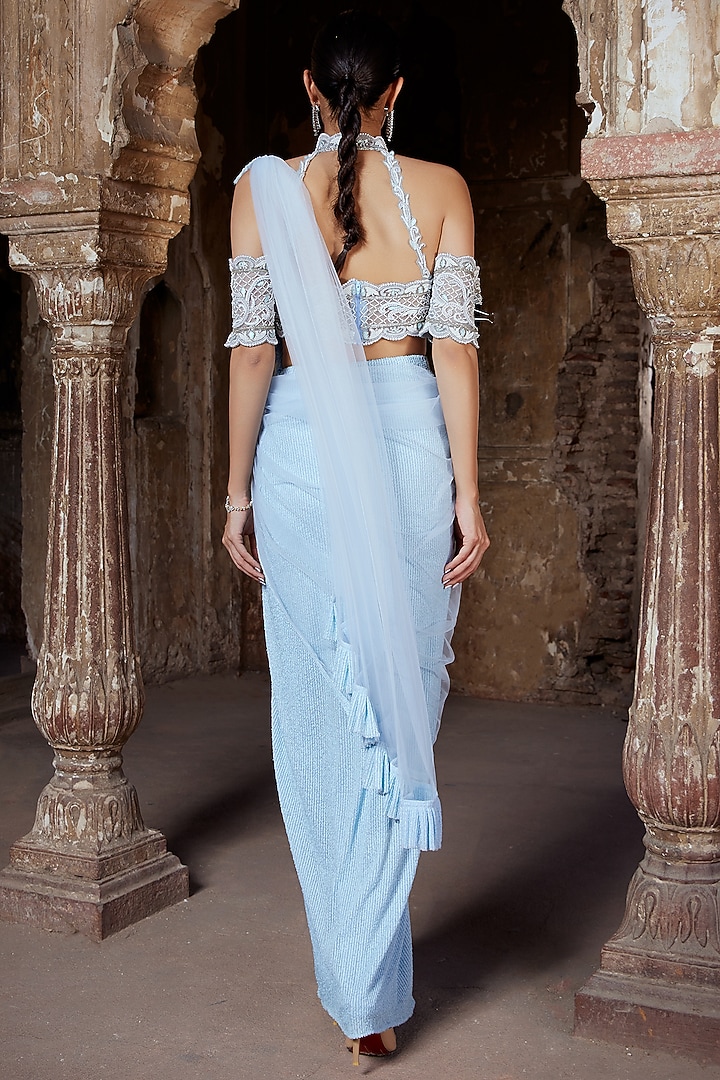 Powder Blue Tulle & Sequins Pearl Embroidered Draped Wedding Saree Set by Kamaali Couture at Pernia's Pop Up Shop