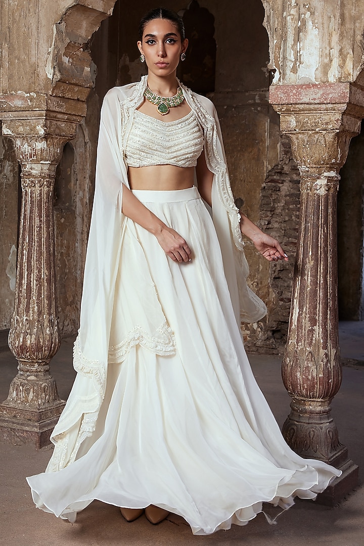 Ivory Tulle & Glass Organza Flared Skirt Set by Kamaali Couture