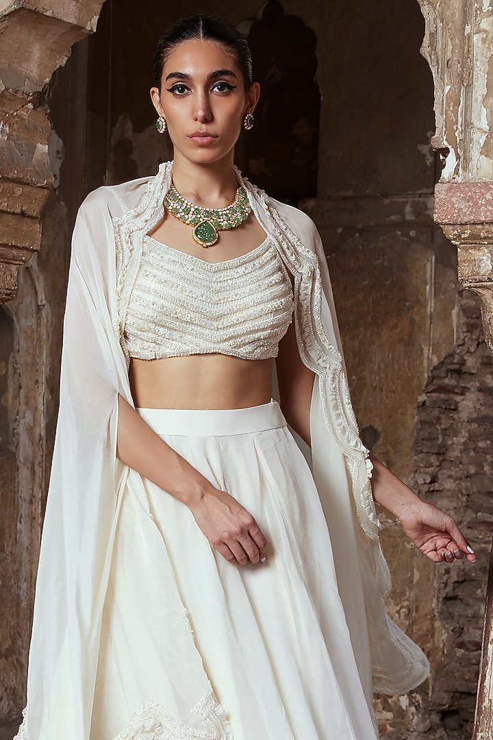 Ivory Tulle & Glass Organza Flared Skirt Set by Kamaali Couture at Pernia's Pop Up Shop