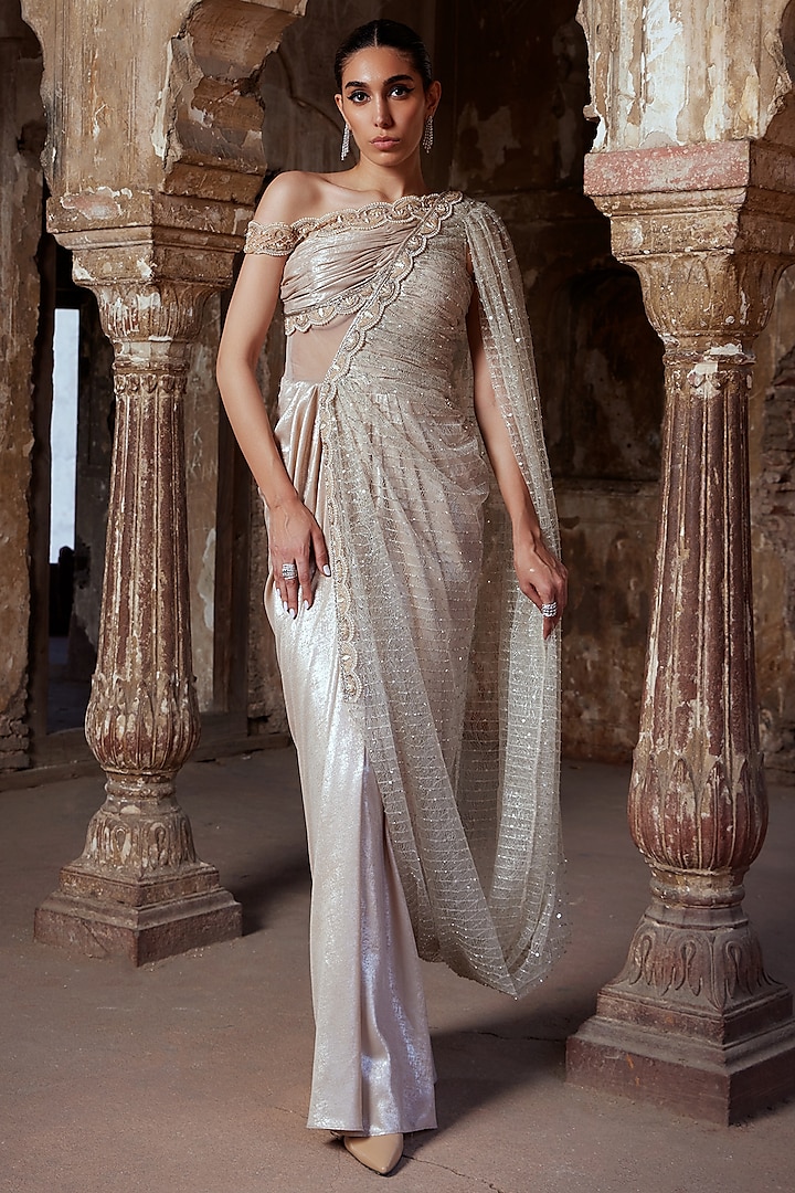 Champagne Gold Shimmer & Tulle Pearl Embroidered Concept Ruched Gown by Kamaali Couture