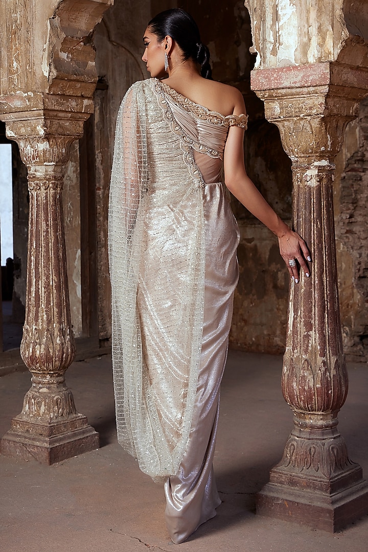 Champagne Gold Shimmer & Tulle Pearl Embroidered Concept Ruched Engagement Gown by Kamaali Couture at Pernia's Pop Up Shop