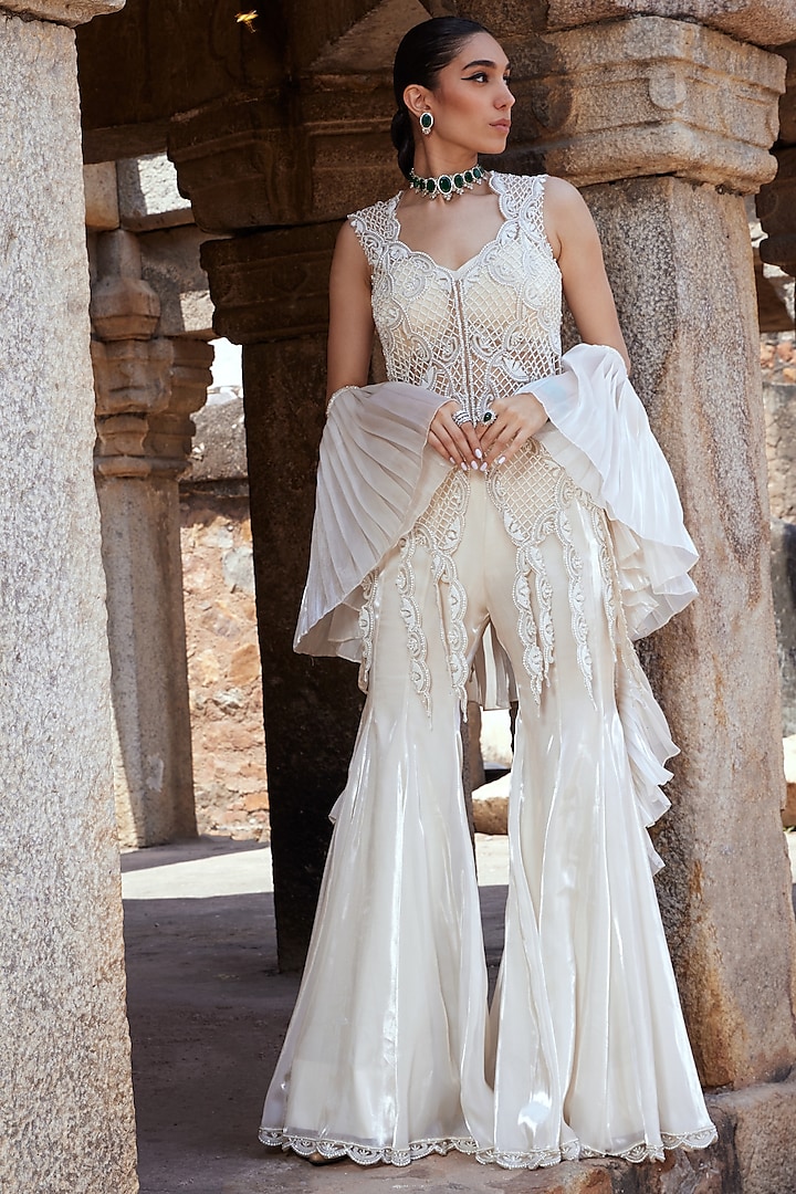 Ivory Tulle & Glass Organza Scalloped Embroidered Sharara Set by Kamaali Couture