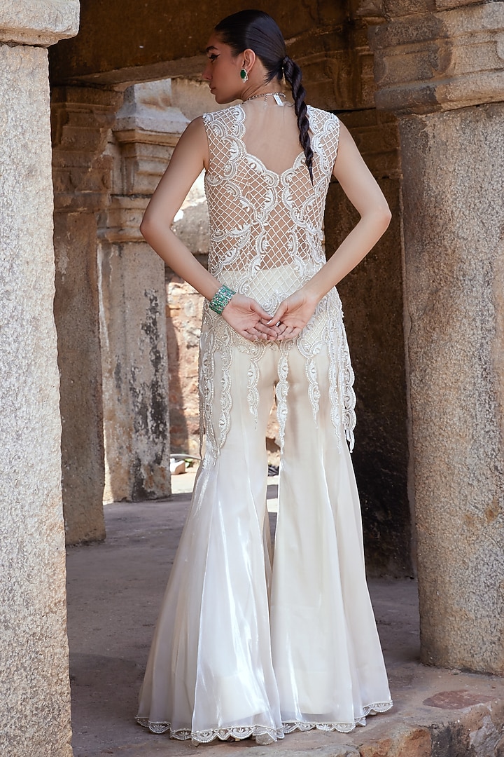 Ivory Tulle & Glass Organza Scalloped Embroidered Bridal Sharara Set by Kamaali Couture at Pernia's Pop Up Shop