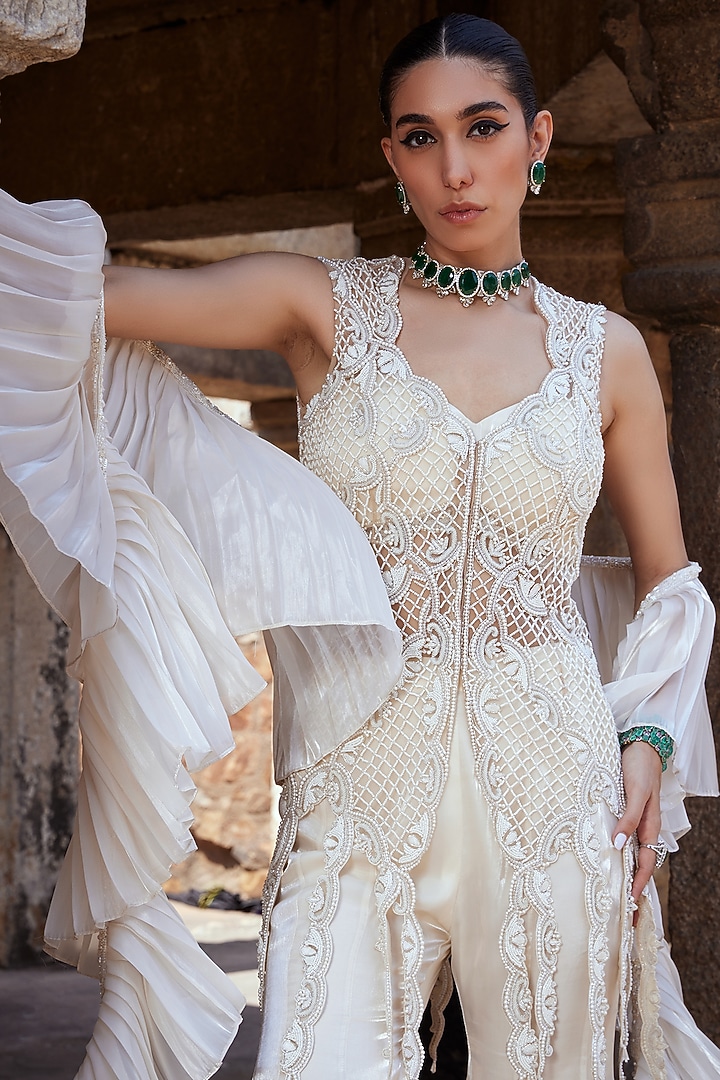 Ivory Tulle & Glass Organza Scalloped Embroidered Bridal Sharara Set by Kamaali Couture at Pernia's Pop Up Shop