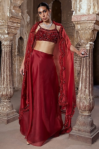 Red Glass Organza Pearl Hand Embroidered Cape Set by Kamaali Couture