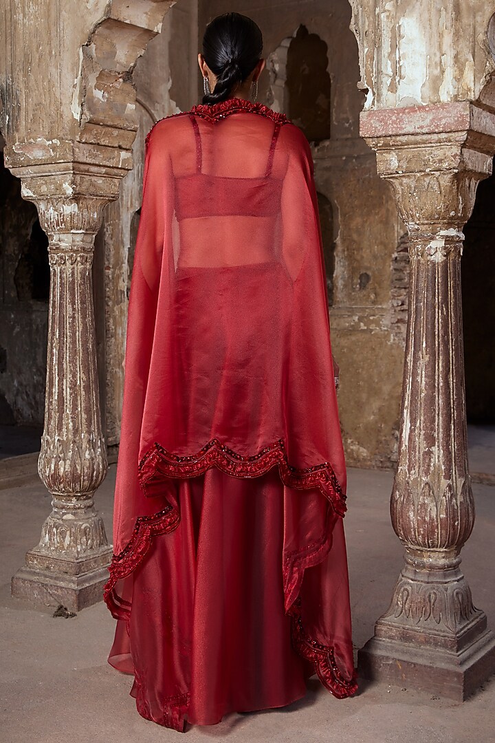Red Glass Organza Pearl Hand Embroidered Cape Set by Kamaali Couture at Pernia's Pop Up Shop