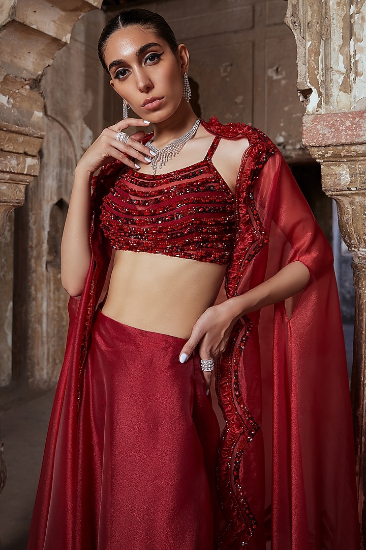 Red Glass Organza Pearl Hand Embroidered Cape Set by Kamaali Couture at Pernia's Pop Up Shop