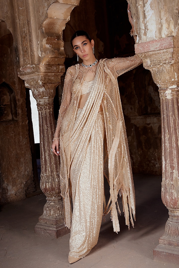 Champagne Gold Tulle & Sequins Pearl Embellished Jacket Draped Saree Set by Kamaali Couture
