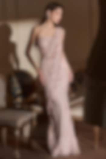 Baby Pink Tulle Embroidered Pre-Draped Bridal Saree Set by Kamaali Couture at Pernia's Pop Up Shop