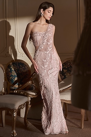 Baby Pink Tulle Embroidered Pre-Draped Saree Set by Kamaali Couture