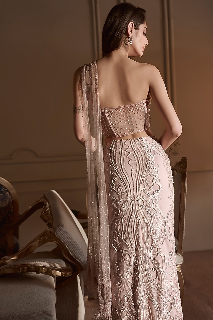 Baby Pink Tulle Embroidered Pre-Draped Bridal Saree Set by Kamaali Couture at Pernia's Pop Up Shop