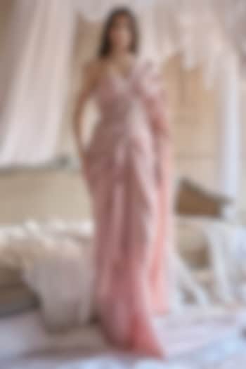 Baby Pink Tulle Embroidered Reception Gown Saree by Kamaali Couture at Pernia's Pop Up Shop