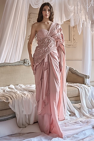 Baby Pink Tulle Embroidered Gown Saree by Kamaali Couture