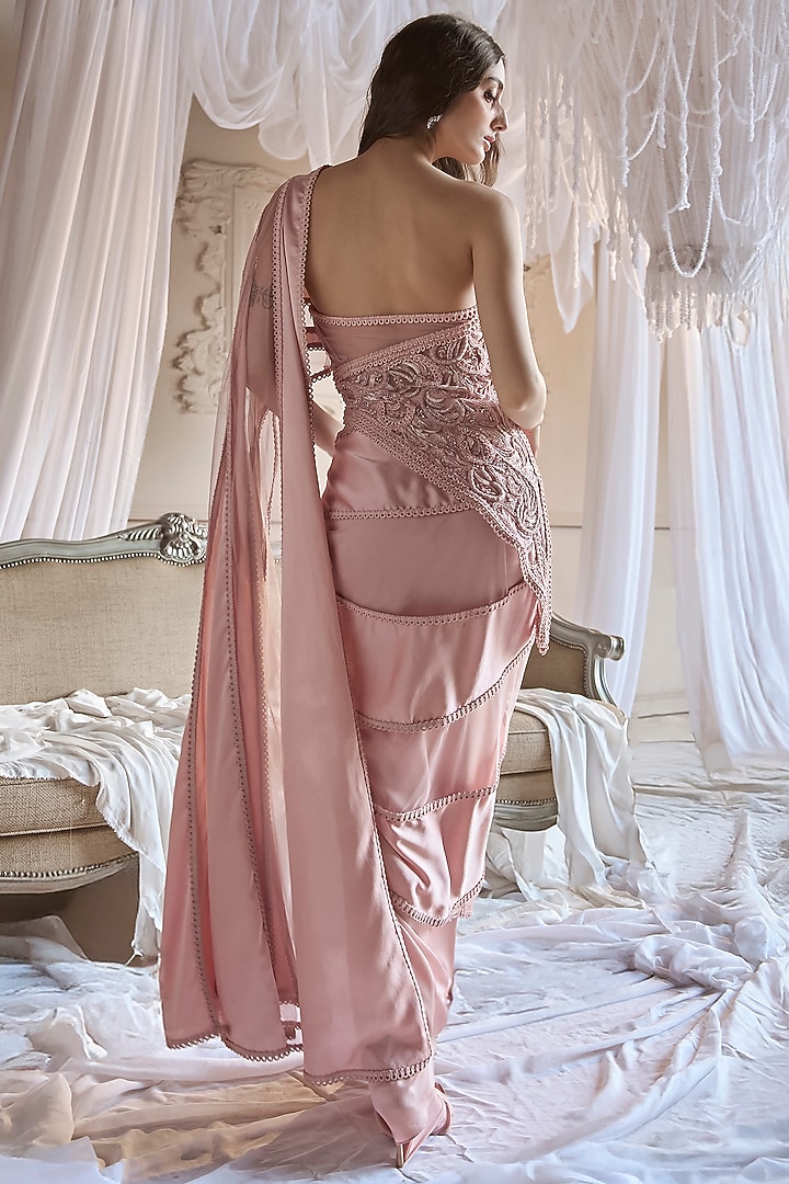 Baby Pink Tulle Embroidered Reception Gown Saree by Kamaali Couture at Pernia's Pop Up Shop