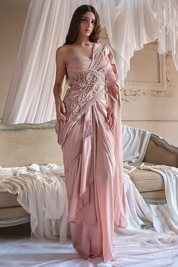 Baby Pink Tulle Embroidered Reception Gown Saree by Kamaali Couture at Pernia's Pop Up Shop