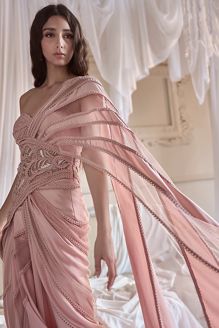 Baby Pink Tulle Embroidered Reception Gown Saree by Kamaali Couture at Pernia's Pop Up Shop