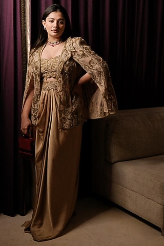 Gold Satin Draped Skirt Set by Kamaali Couture