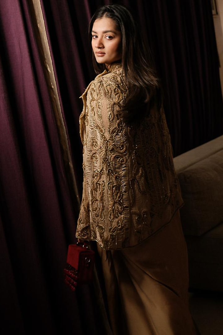 Gold Satin Draped Skirt Set by Kamaali Couture at Pernia's Pop Up Shop