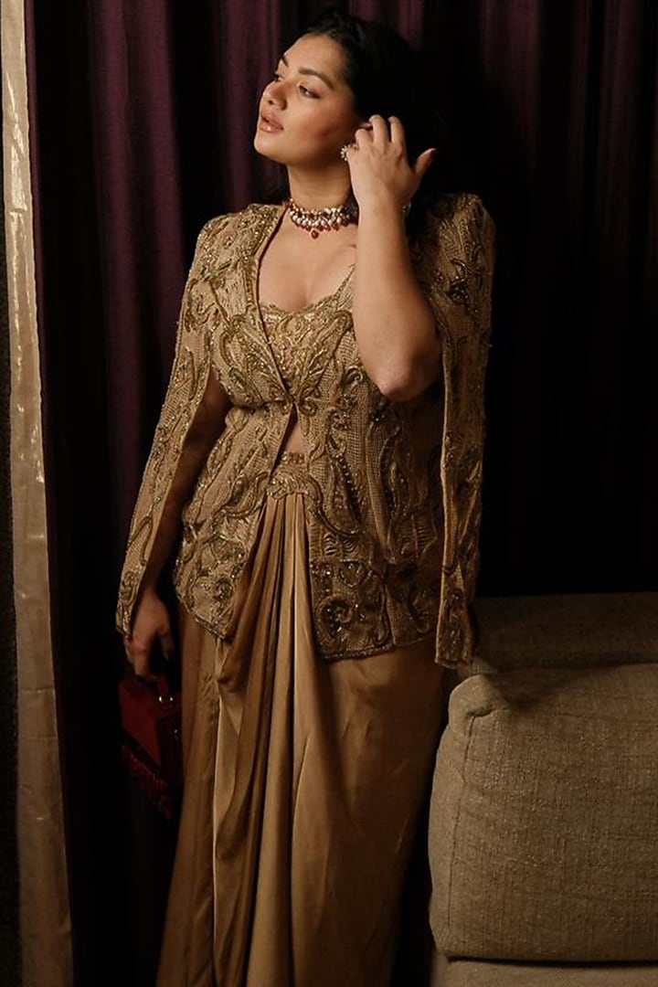 Gold Satin Draped Skirt Set by Kamaali Couture at Pernia's Pop Up Shop