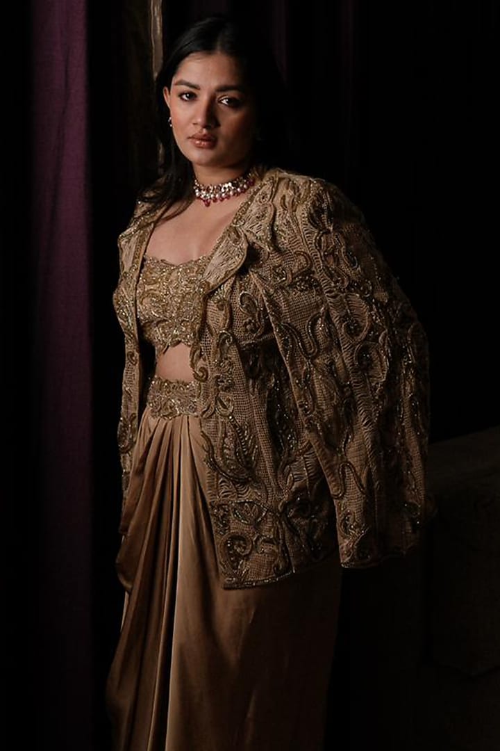 Gold Satin Draped Skirt Set by Kamaali Couture at Pernia's Pop Up Shop