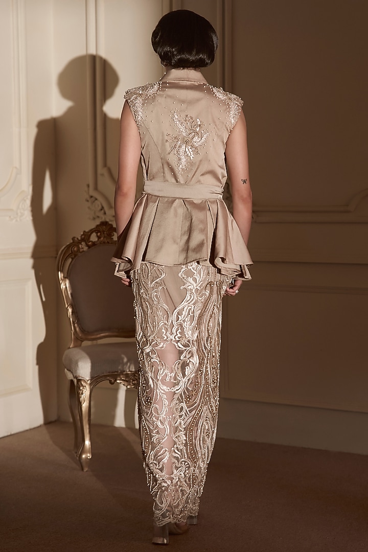 Beige Satin & Tulle Embellished Skirt Set by Kamaali Couture at Pernia's Pop Up Shop