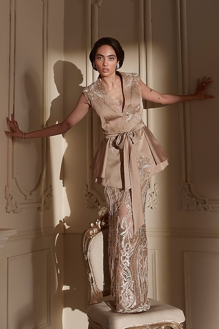 Beige Satin & Tulle Embellished Skirt Set by Kamaali Couture at Pernia's Pop Up Shop